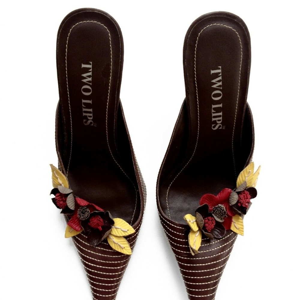 Vintage Two Lips Leather Flower Detail Pointy Toe Mule - Picture 2 of 6